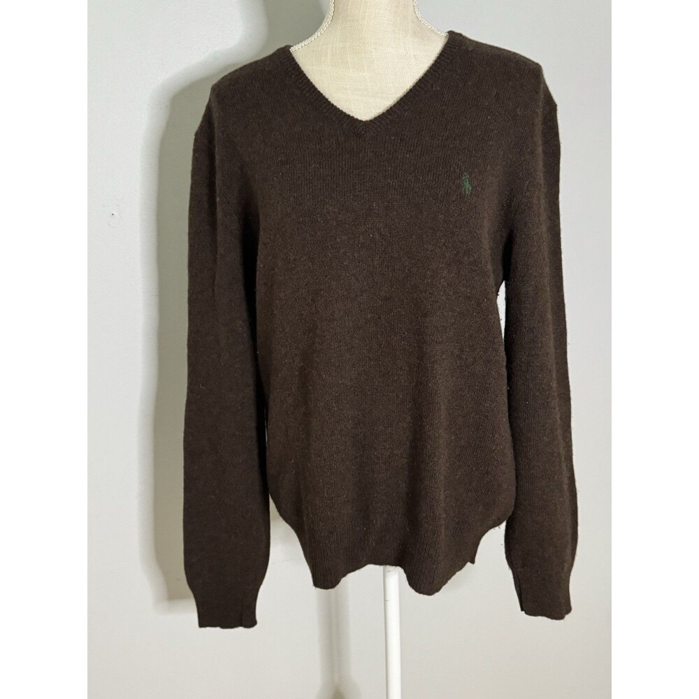 Polo Ralph Lauren 100% Lambs Wool Brown V-Neck Sweater Men's Size M